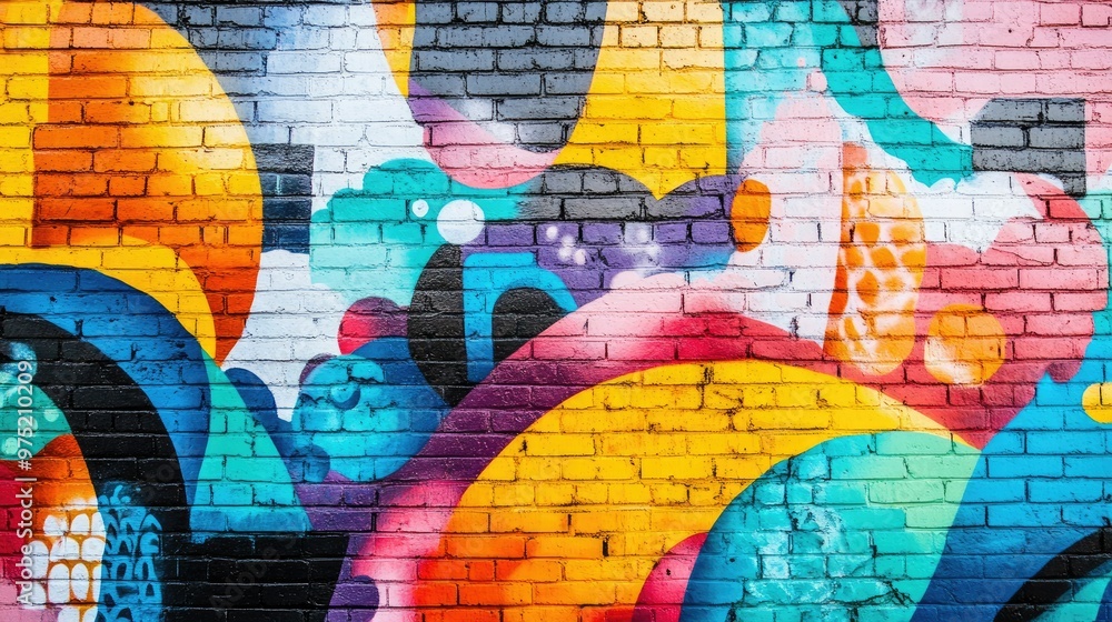Vibrant street art mural on a brick wall with bold colors and creative designs Vibrant street art mural on a brick wall with bold colors and creative designs