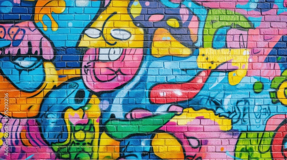 Obraz premium Vibrant street art mural on a brick wall with bold colors and creative designs
