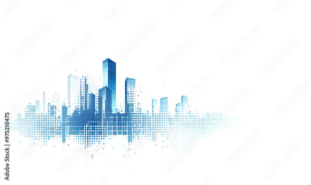 Obraz premium Abstract cityscape background with blue buildings on white, vector illustration of urban landscape with skyline and skyscrapers made from dots or particles