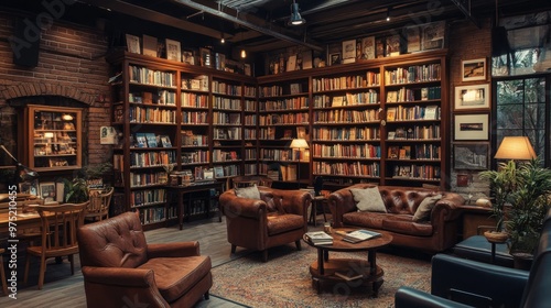 Vintage bookstore with wooden shelves, cozy seating, and a warm, inviting atmosphere