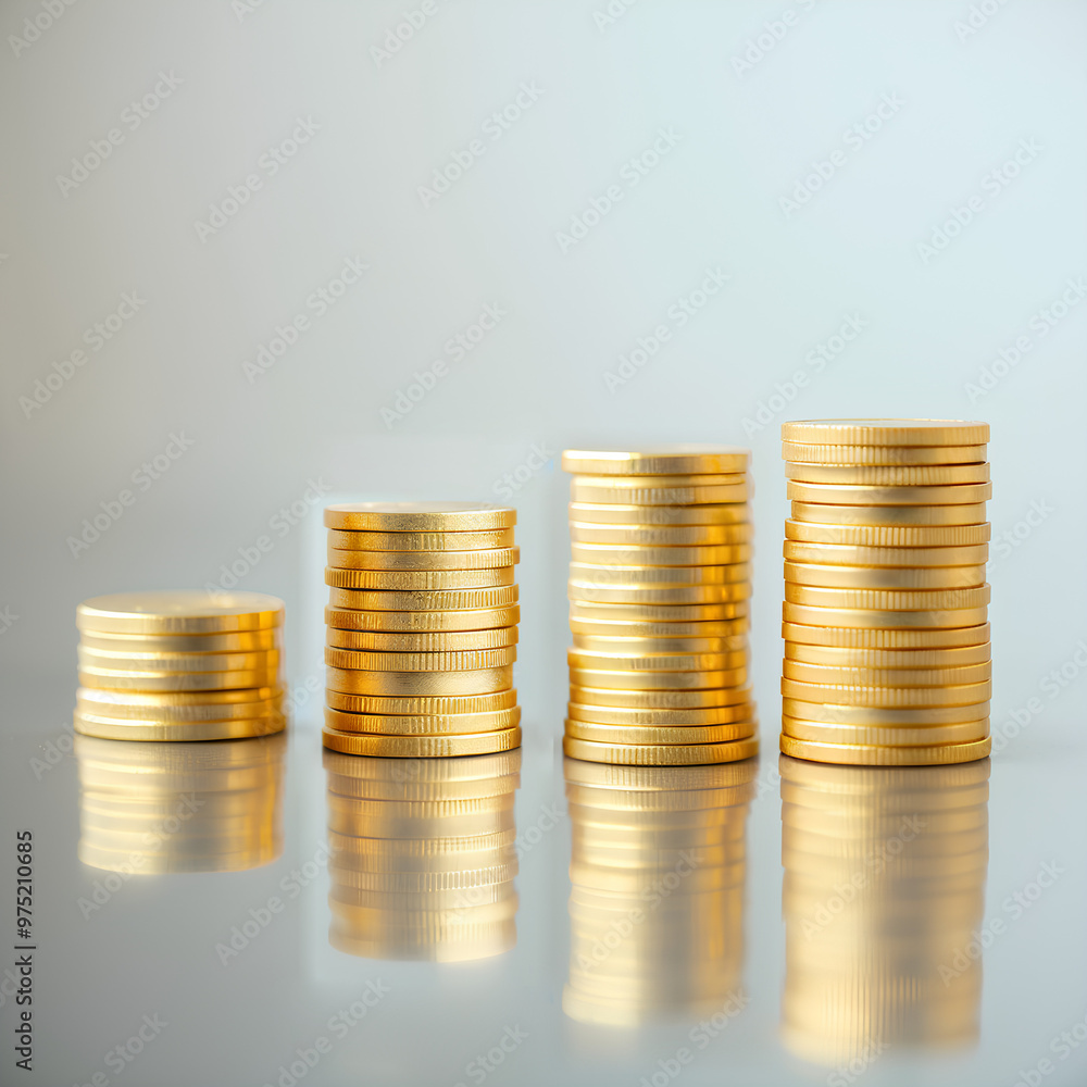 Stacks of gold coins of varying heights on a reflective surface, symbolizing wealth and savings. Stacks of gold coins of varying heights on a reflective surface, symbolizing wealth and savings.