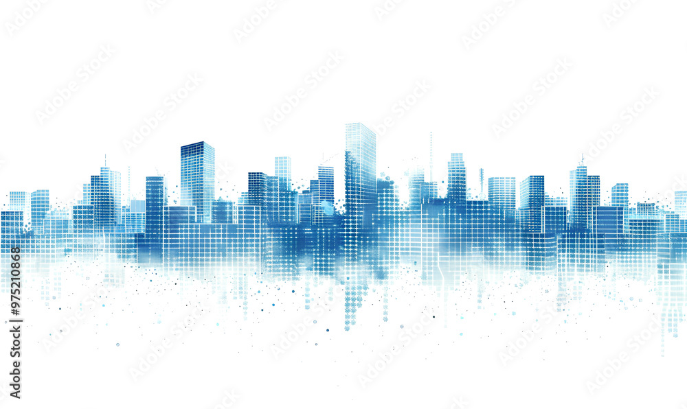 Abstract cityscape background with blue buildings on white, vector illustration of urban landscape with skyline and skyscrapers made from dots or particles Abstract cityscape background with blue buildings on white, vector illustration of urban landscape with skyline and skyscrapers made from dots or particles
