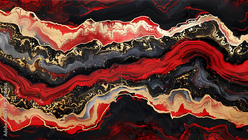 Red and black abstract background with gold, alcohol ink, fluid art, colorful red agate geode stone pattern, luxurious wall decor print artwork Red and black abstract background with gold, alcohol ink, fluid art, colorful red agate geode stone pattern, luxurious wall decor print artwork