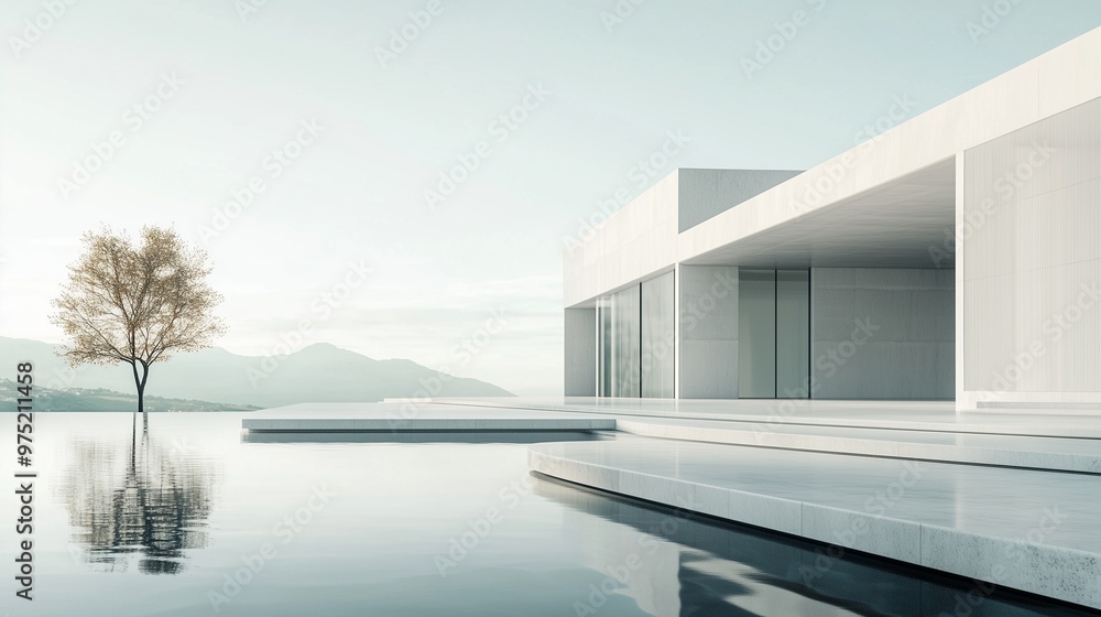 White modern contemporary architecture minimalist geometric construction building with sky White modern contemporary architecture minimalist geometric construction building with sky