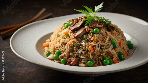 leonardo kino xl duck fried rice a richer version of fried ri served aesthetically with a background of fine dining restaurant photo