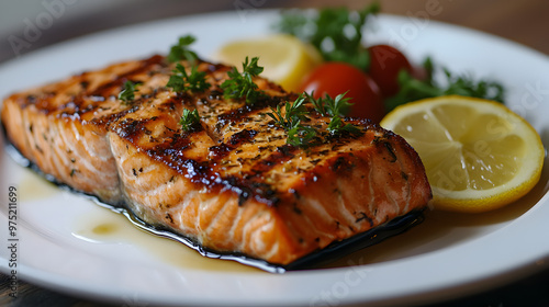 grilled salmon steak with vegetables