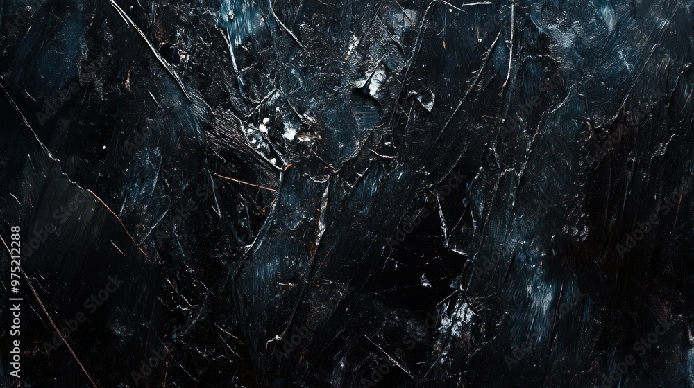 A close-up of a dark, abstract painting with deep blacks, sharp lines, and a sense of mystery and intensity in the composition A close-up of a dark, abstract painting with deep blacks, sharp lines, and a sense of mystery and intensity in the composition