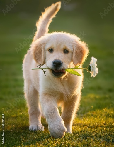 Golden retriever puppy carrying flower