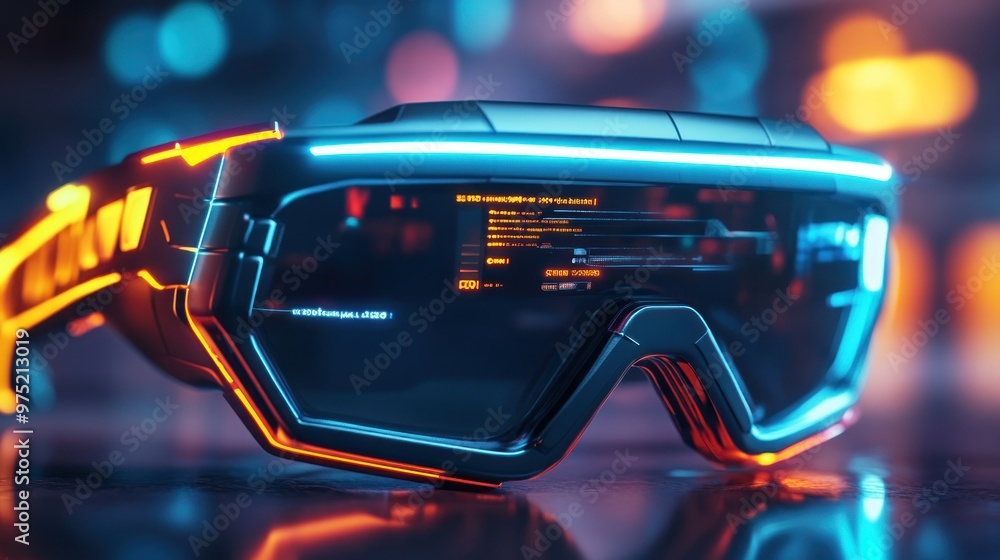 A close-up of retro-futuristic eyewear, with sleek, metallic frames, neon accents, and a heads-up display integrated into the lenses A close-up of retro-futuristic eyewear, with sleek, metallic frames, neon accents, and a heads-up display integrated into the lenses