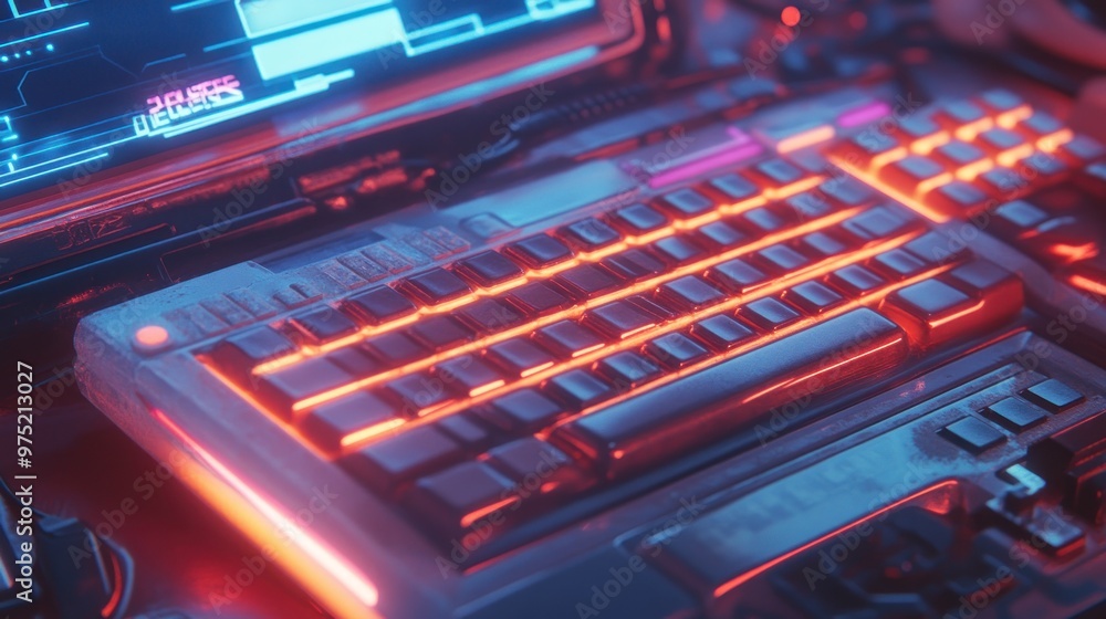 A close-up of retro-futuristic tech devices, like a chunky keyboard with glowing keys, a cathode-ray screen, and metallic buttons A close-up of retro-futuristic tech devices, like a chunky keyboard with glowing keys, a cathode-ray screen, and metallic buttons