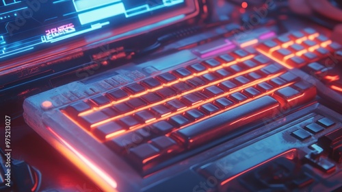 A close-up of retro-futuristic tech devices, like a chunky keyboard with glowing keys, a cathode-ray screen, and metallic buttons