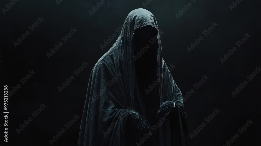 A conceptual art piece featuring a dark, ominous figure shrouded in shadows, standing against a pitch-black background