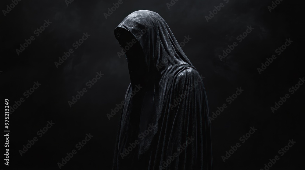 A conceptual art piece featuring a dark, ominous figure shrouded in shadows, standing against a pitch-black background A conceptual art piece featuring a dark, ominous figure shrouded in shadows, standing against a pitch-black background