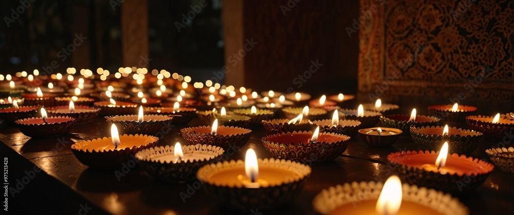 Diwali Lights Aglow: Clay diyas illuminate a sacred space, casting warm, flickering light on ornate details, celebrating the triumph of light over darkness Diwali Lights Aglow: Clay diyas illuminate a sacred space, casting warm, flickering light on ornate details, celebrating the triumph of light over darkness