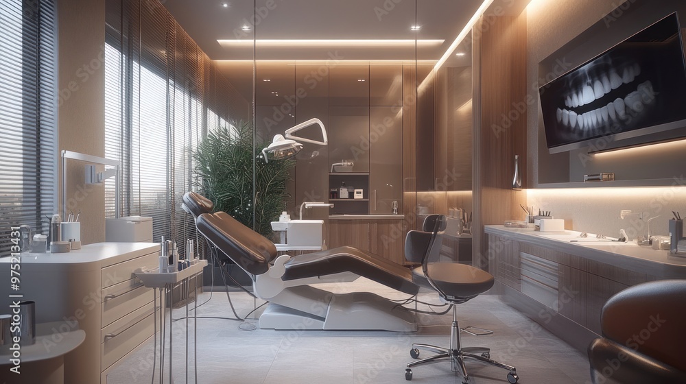 A dental office with a modern aesthetic, featuring a sleek desk, comfortable chairs, and high-tech diagnostic equipment A dental office with a modern aesthetic, featuring a sleek desk, comfortable chairs, and high-tech diagnostic equipment