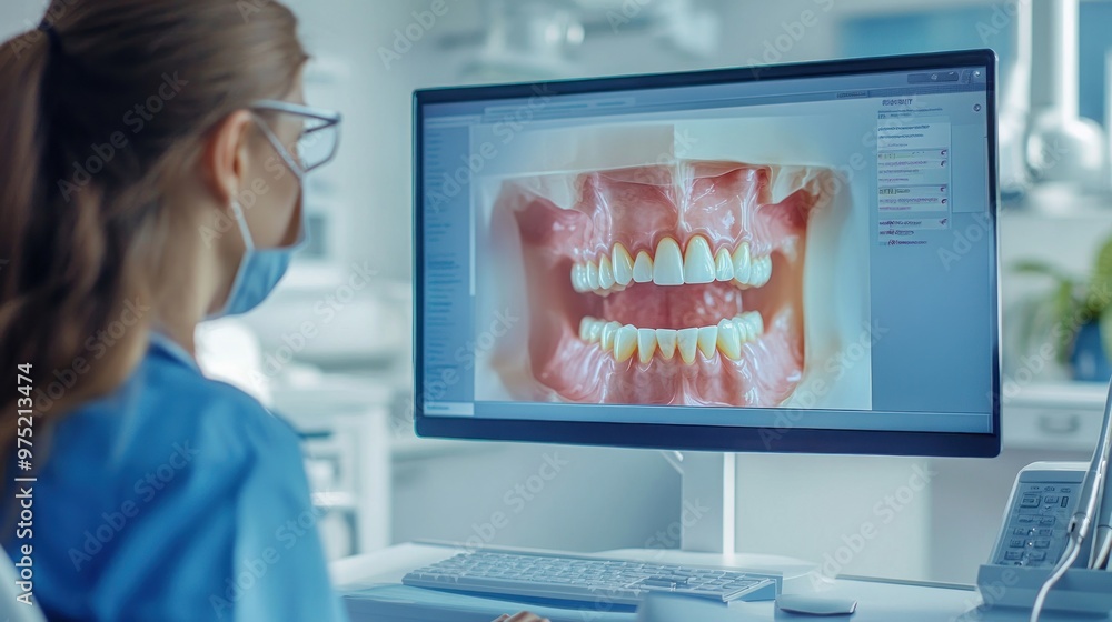 A dentist showing a patient a digital image of their teeth on a computer screen during a consultation A dentist showing a patient a digital image of their teeth on a computer screen during a consultation