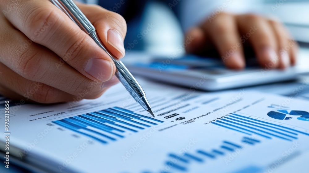 Detailed image of accountant's hands adjusting financial forecast in report in preparation for presentation. Detailed image of accountant's hands adjusting financial forecast in report in preparation for presentation.