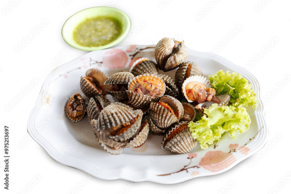 Top view of Boiled Cockle with seafood sauce, focus selective Top view of Boiled Cockle with seafood sauce, focus selective
