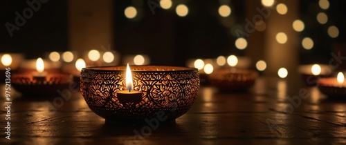 Diwali Lights Aglow: Clay diyas illuminate a sacred space, casting warm, flickering light on ornate details, celebrating the triumph of light over darkness photo