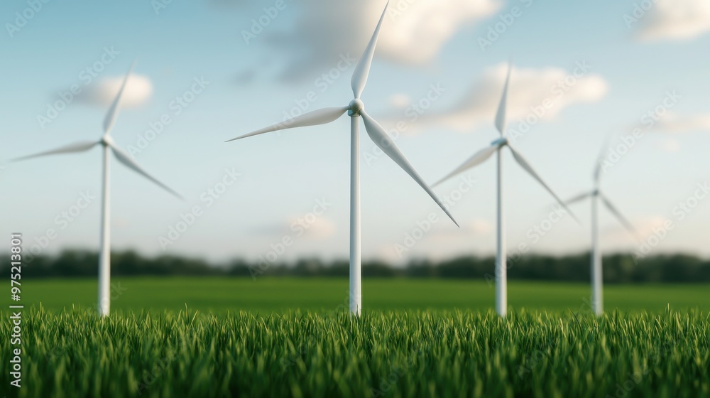 Eco Friendly clean power, Scenic view of wind turbines in a lush green field under a clear sky, symbolizing renewable energy and environmental sustainability. Eco Friendly clean power, Scenic view of wind turbines in a lush green field under a clear sky, symbolizing renewable energy and environmental sustainability.
