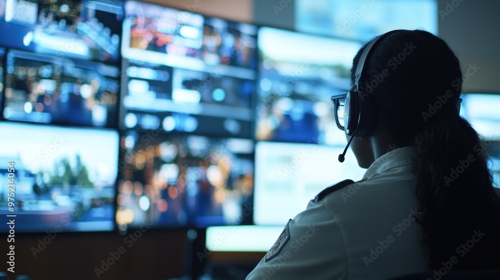 A detailed view of an emergency operations center, with responders monitoring multiple screens displaying live incident data A detailed view of an emergency operations center, with responders monitoring multiple screens displaying live incident data