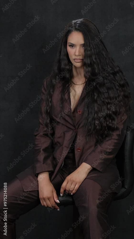 A poised woman in a suit sits in a corporate setting, reflecting A poised woman in a suit sits in a corporate setting, reflecting