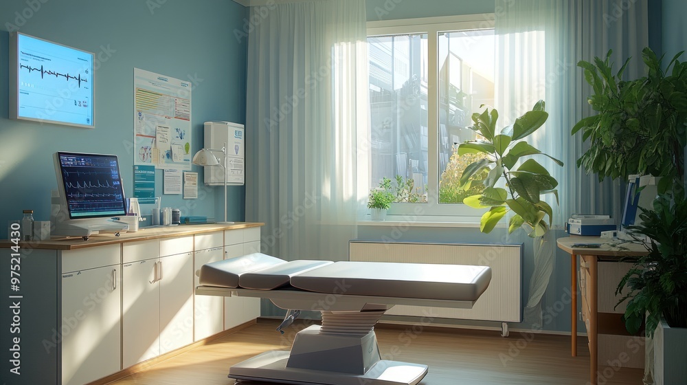 A doctor's office with a modern examination table, an interactive health monitor, and a desk with medical reference materials A doctor's office with a modern examination table, an interactive health monitor, and a desk with medical reference materials