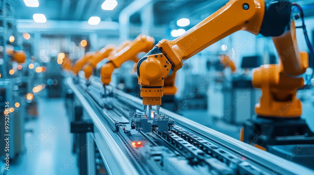 Industrial production line in a high-tech factory, robotic arms assembling parts, modern equipment Industrial production line in a high-tech factory, robotic arms assembling parts, modern equipment