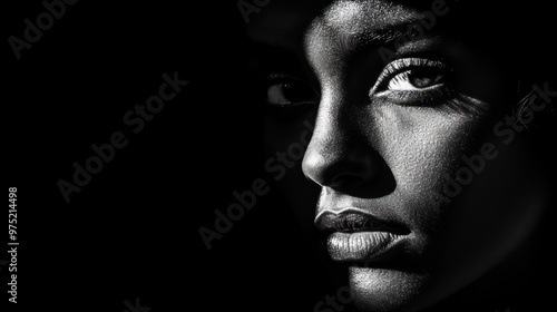 A dramatic, high-contrast portrait with deep shadows obscuring parts of the face, creating a mysterious and intense effect