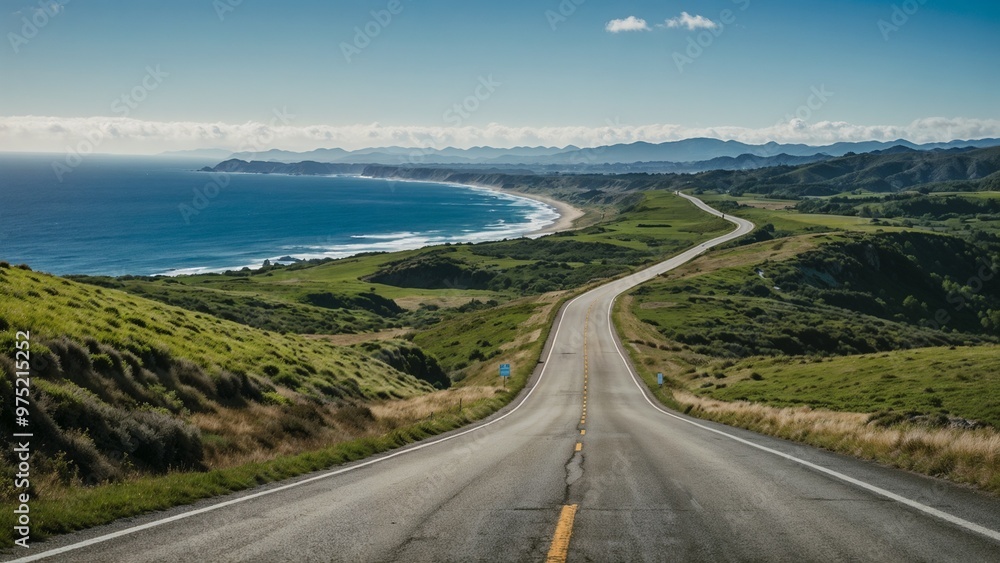 Scenic coastal road leading through lush green hills towards the ocean and mountains in the distance Scenic coastal road leading through lush green hills towards the ocean and mountains in the distance