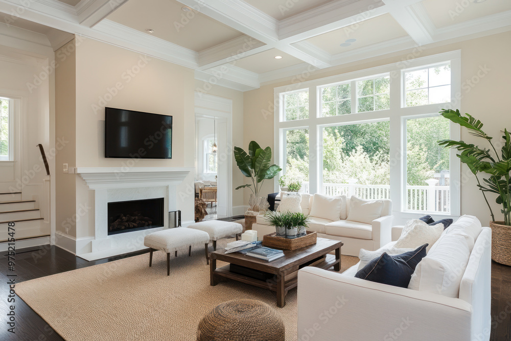 Modern American style living room with wood flooring and white accents Modern American style living room with wood flooring and white accents
