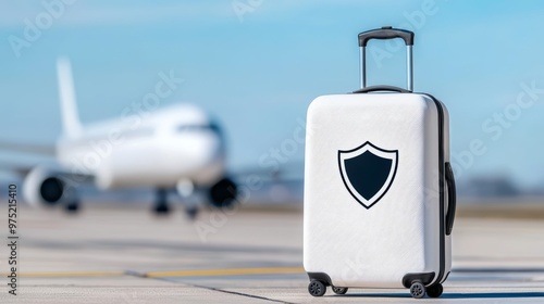 A stylish suitcase with a security symbol stands on the runway, emphasizing safe travel near an airplane in the background.