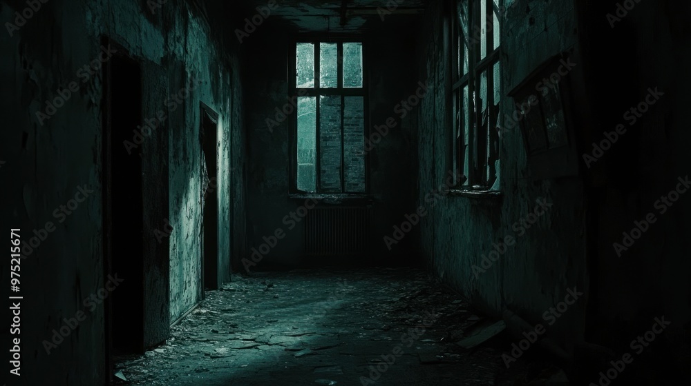 A haunting scene of an abandoned building with dark, decaying walls, broken windows, and deep shadows creating a sense of foreboding A haunting scene of an abandoned building with dark, decaying walls, broken windows, and deep shadows creating a sense of foreboding