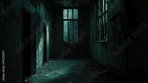 A haunting scene of an abandoned building with dark, decaying walls, broken windows, and deep shadows creating a sense of foreboding