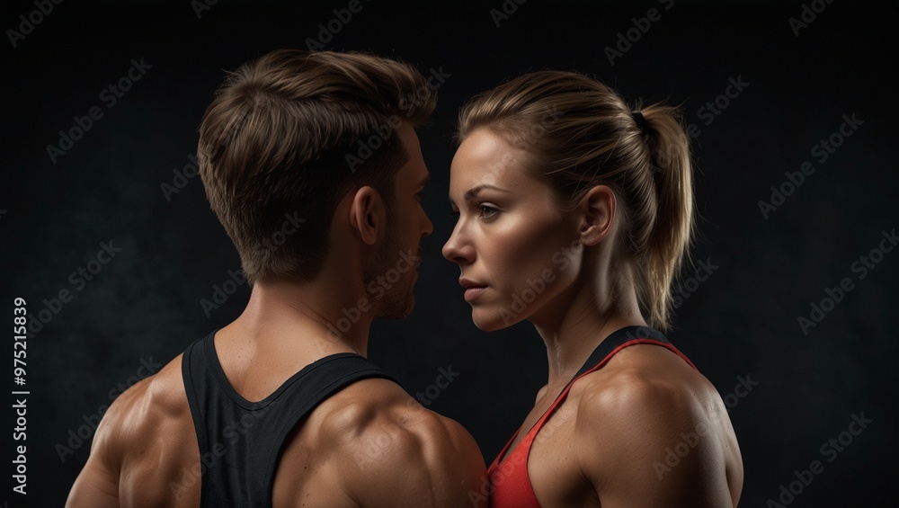 Fit man and woman posing intensely in gym attire together. Fit man and woman posing intensely in gym attire together.