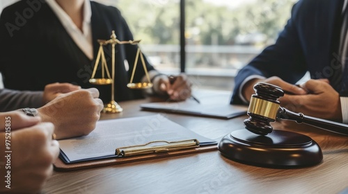 A lawyer advising a couple during a legal consultation, discussing matters like contracts or estate planning