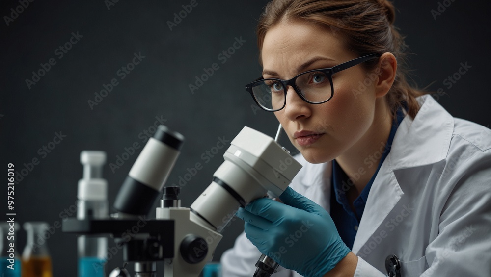 Scientist examining sample under a microscope in laboratory. Scientist examining sample under a microscope in laboratory.