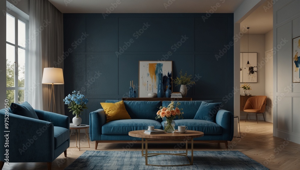 © JohnDesignHub - Cozy modern living room with blue furniture and elegant decor elements.