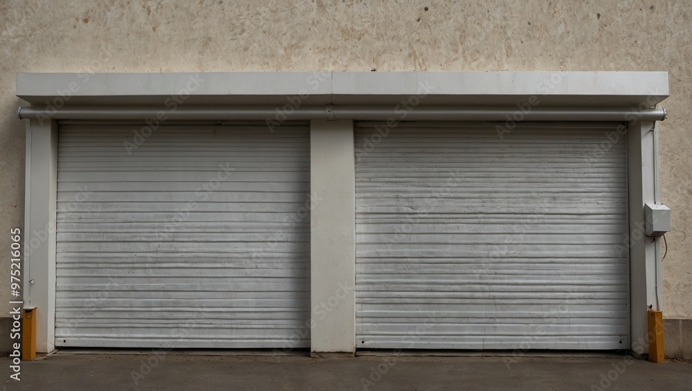 Two large white garage doors with a concrete wall background Two large white garage doors with a concrete wall background