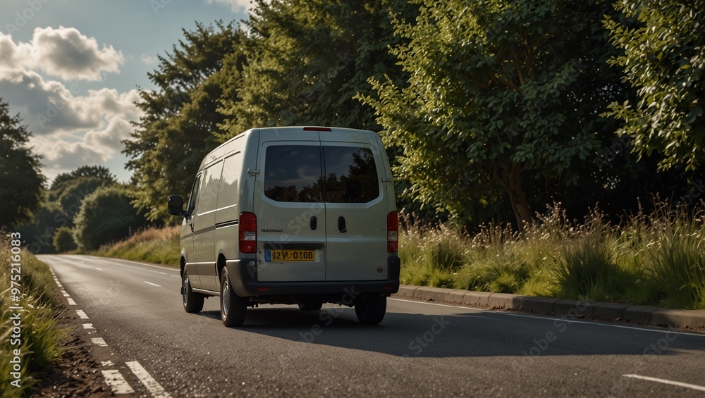 White van driving on a tree-lined road in the countryside White van driving on a tree-lined road in the countryside