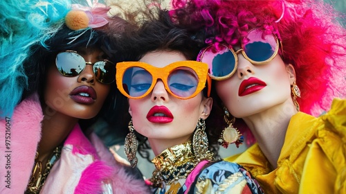 A maximalist fashion photoshoot with models wearing exaggerated, colorful outfits, bold makeup, and an eclectic mix of accessories, set against a visually rich backdrop