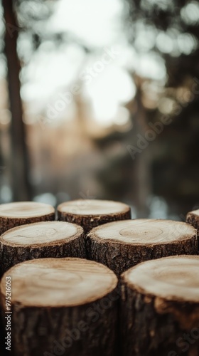 Stacked tree logs in forest, close-up view. Natural resources and forestry concept