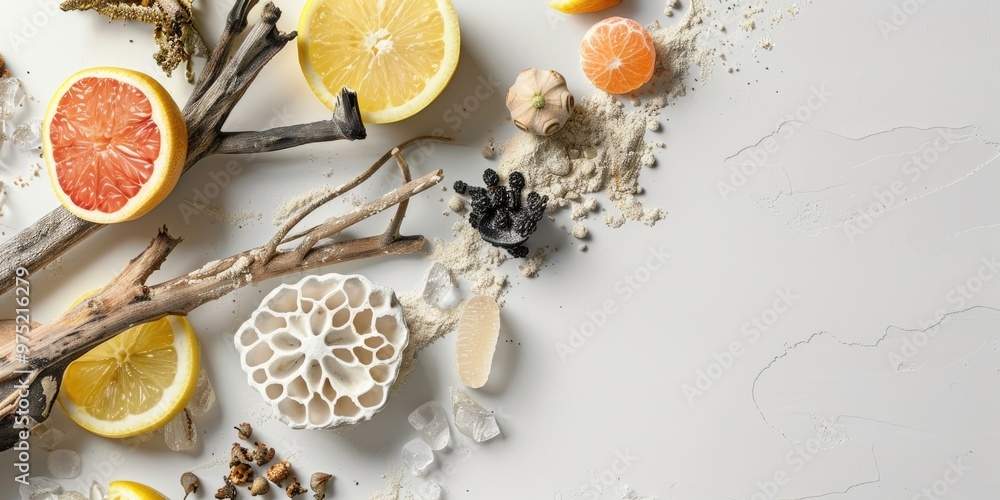 Aerial Perspective of a Light Surface Featuring Assorted Natural Components Including Black Locust Pod, Lemon, and Grapefruit Peel with an Unoccupied Area for Product Placement Aerial Perspective of a Light Surface Featuring Assorted Natural Components Including Black Locust Pod, Lemon, and Grapefruit Peel with an Unoccupied Area for Product Placement