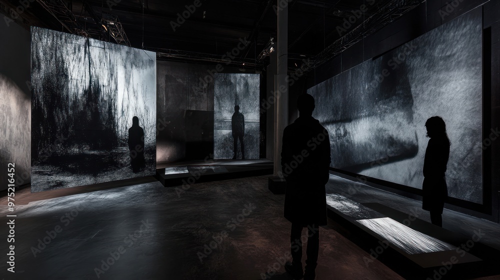 A moody, dark-themed art installation with shadowy figures, deep blacks, and subtle, eerie lighting creating an unsettling atmosphere A moody, dark-themed art installation with shadowy figures, deep blacks, and subtle, eerie lighting creating an unsettling atmosphere