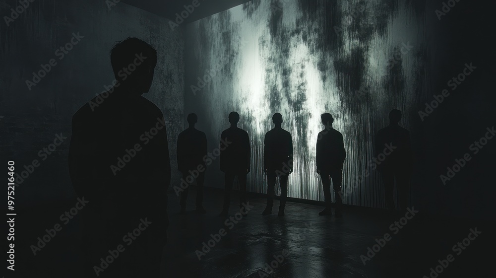 A moody, dark-themed art installation with shadowy figures, deep blacks, and subtle, eerie lighting creating an unsettling atmosphere A moody, dark-themed art installation with shadowy figures, deep blacks, and subtle, eerie lighting creating an unsettling atmosphere