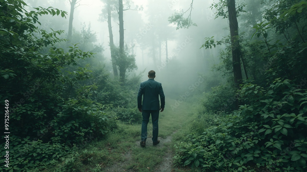 man with suit at misty morning in the forest man with suit at misty morning in the forest