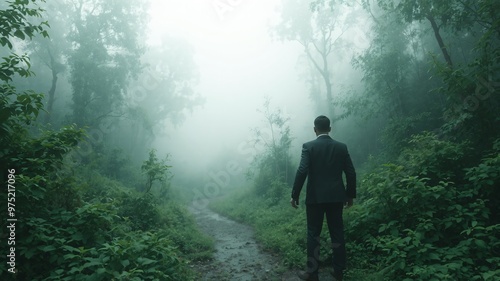 man with suit at misty morning in the forest