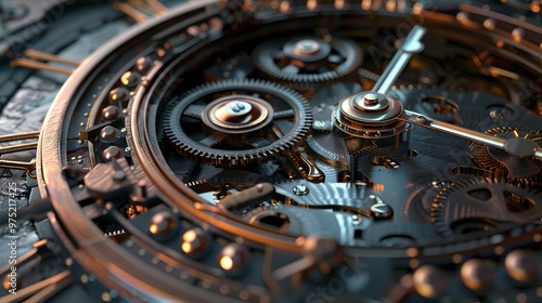 A close up of a clock with many gears. The gears are gold and silver and the clock is not working