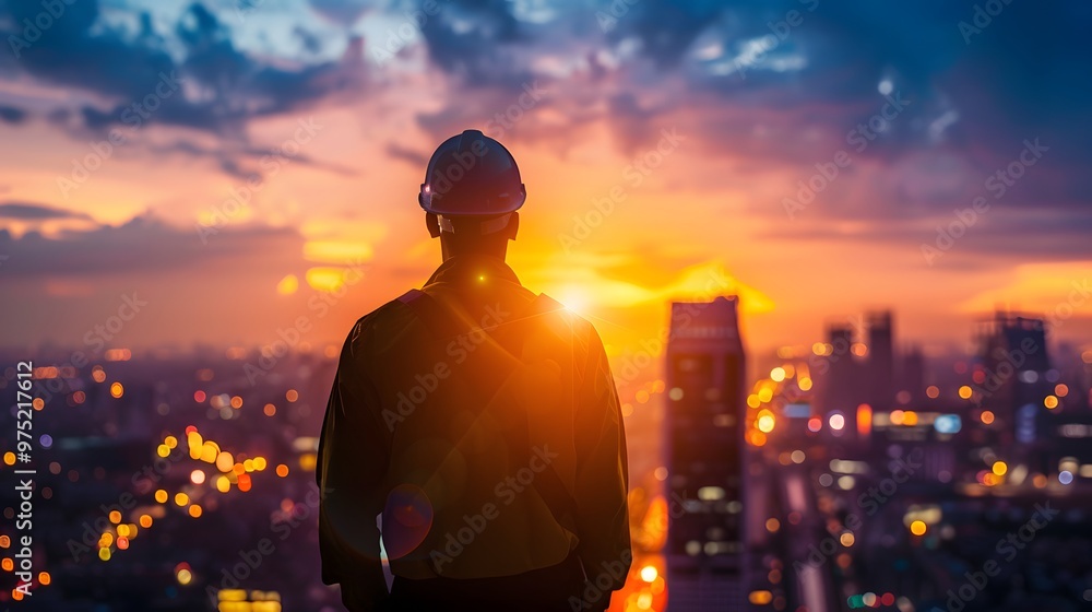 A man in a hard hat stands in front of a city skyline with a sunset in the background A man in a hard hat stands in front of a city skyline with a sunset in the background