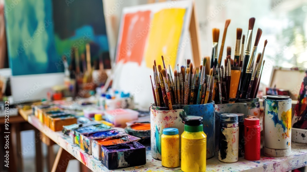 A vibrant art studio filled with an abundance of paints, brushes, colorful canvases, and an eclectic mix of art supplies scattered throughout the space A vibrant art studio filled with an abundance of paints, brushes, colorful canvases, and an eclectic mix of art supplies scattered throughout the space